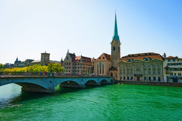 Beautiful old city Limmat River in Zurich, Switzerland. Historic center in the city of Zurich with views of the river and the bridge.